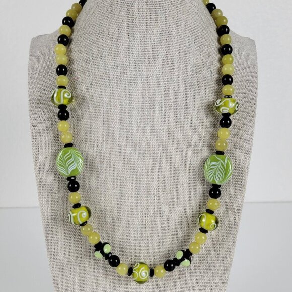 Green And Black Millefiori Glass Beaded Necklace 21" Silver-Tone Toggle Clasp - Picture 1 of 8